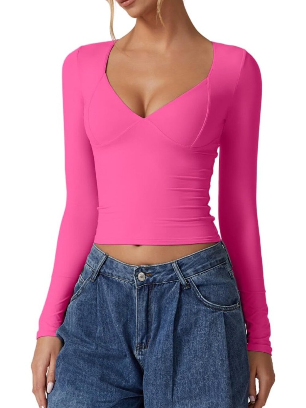 〽️Women's Magenta V Neck Long Sleeve Double Lined Seamed Cup Crop Top Tee